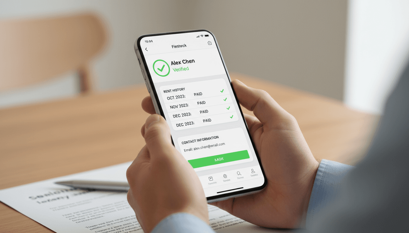 Mobile phone displaying verified tenant profile with rental history details