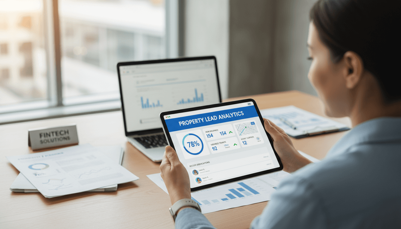 Landlord holding tablet with property lead analytics and tenant data in a modern office
