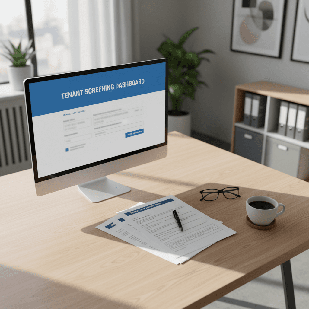 Professional landlord reviewing verified rental property leads and tenant applications at modern office desk