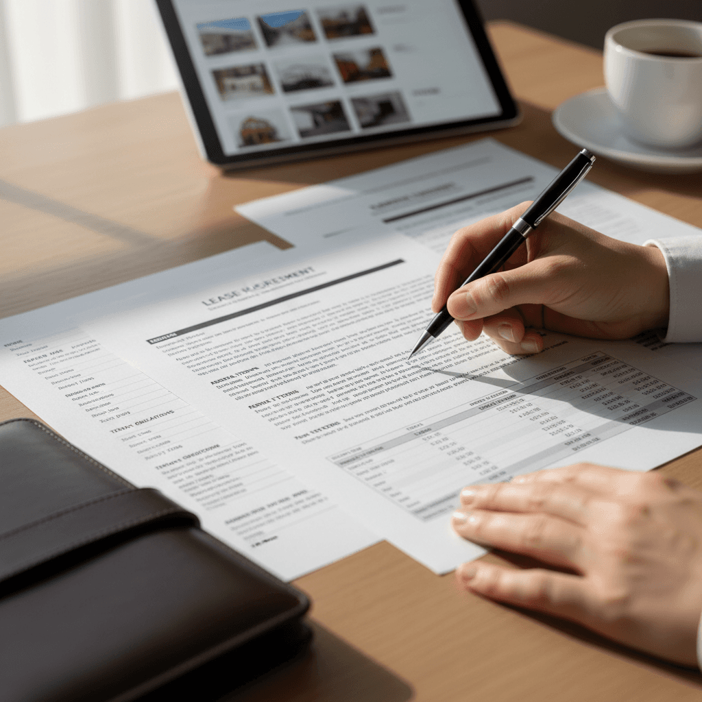 Landlord reviewing verified tenant leads and rental applications at desk with confidence